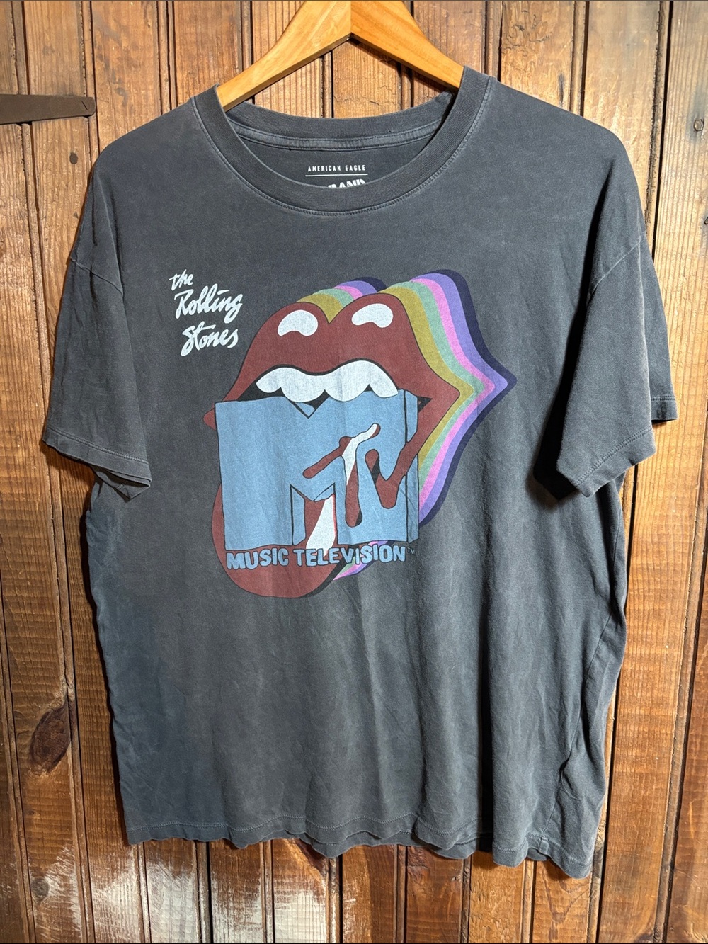 American Eagle Men's Black Rolling Stones x MTV Graphic Tee